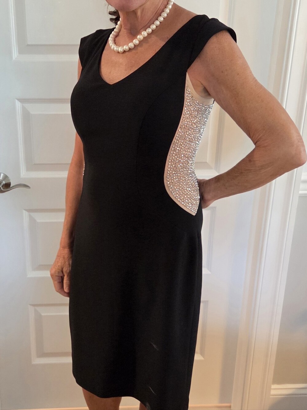 Joseph Ribkoff Black V-Neck Dress with Crystal-Embellished Side Panels